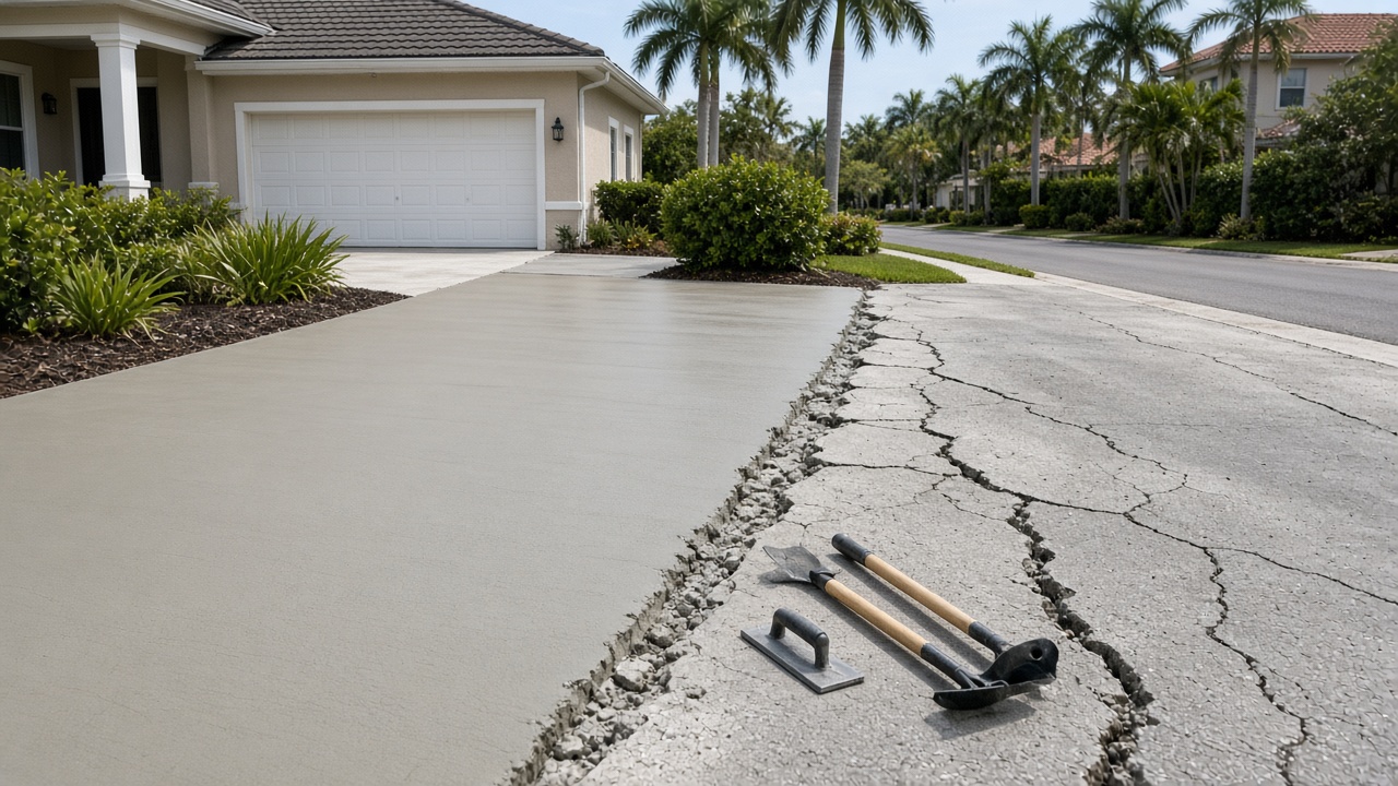 Concrete driveway repair showing cracked section beside freshly finished smooth concrete in Florida