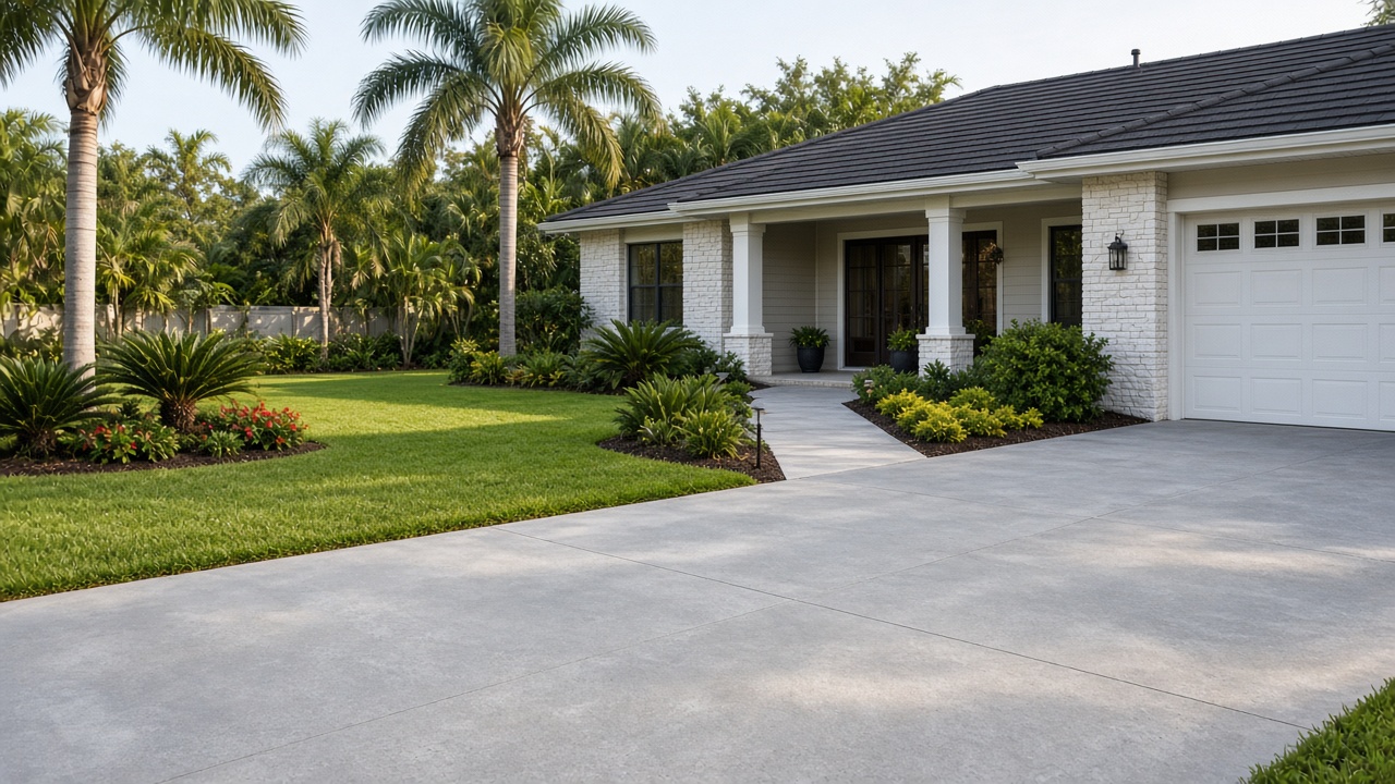 Concrete FAQ for Treasure Coast homeowners: smooth gray concrete driveway and walkway