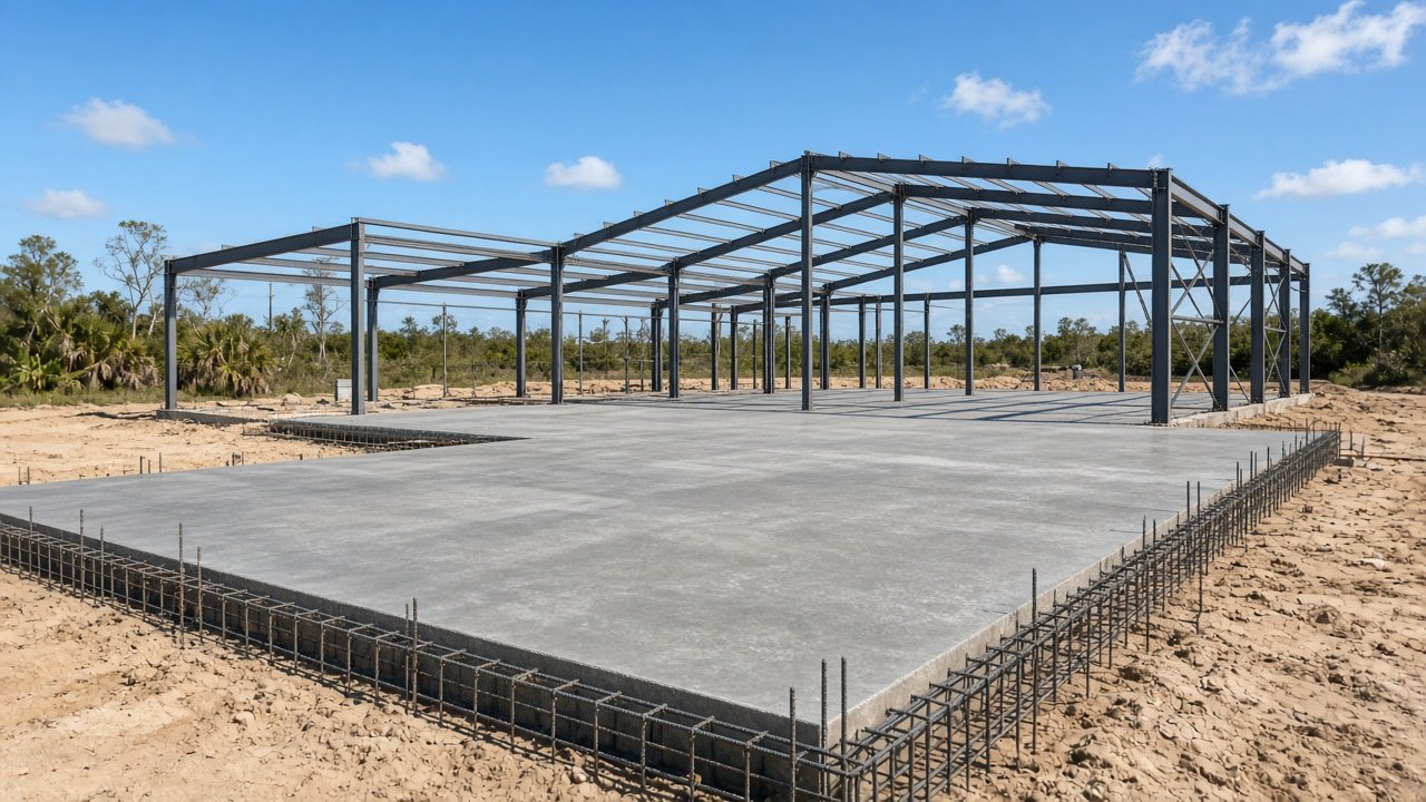 Freshly poured reinforced concrete slab foundation for a metal building on the Treasure Coast