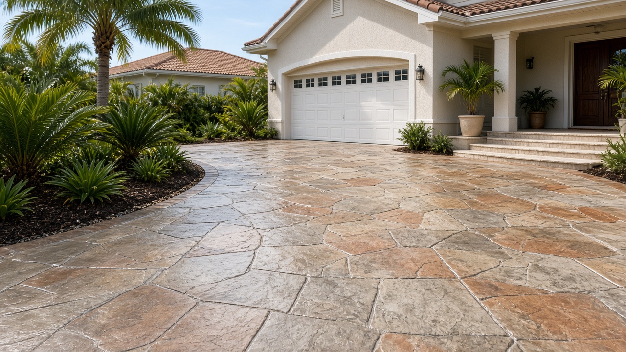 Stamped decorative concrete driveway with flagstone pattern in earthy tones at a Florida home